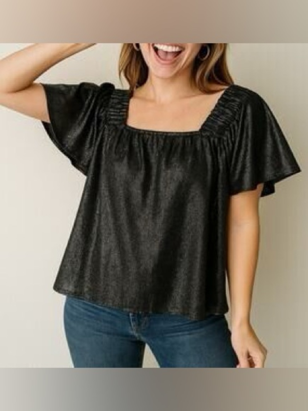 Queen of Sparkles Black Pebble Flutter Top